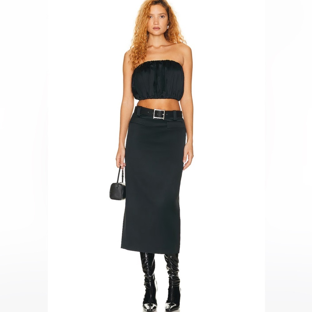 Helsa Heavy Satin Column Skirt in Black - Picture 2 of 7